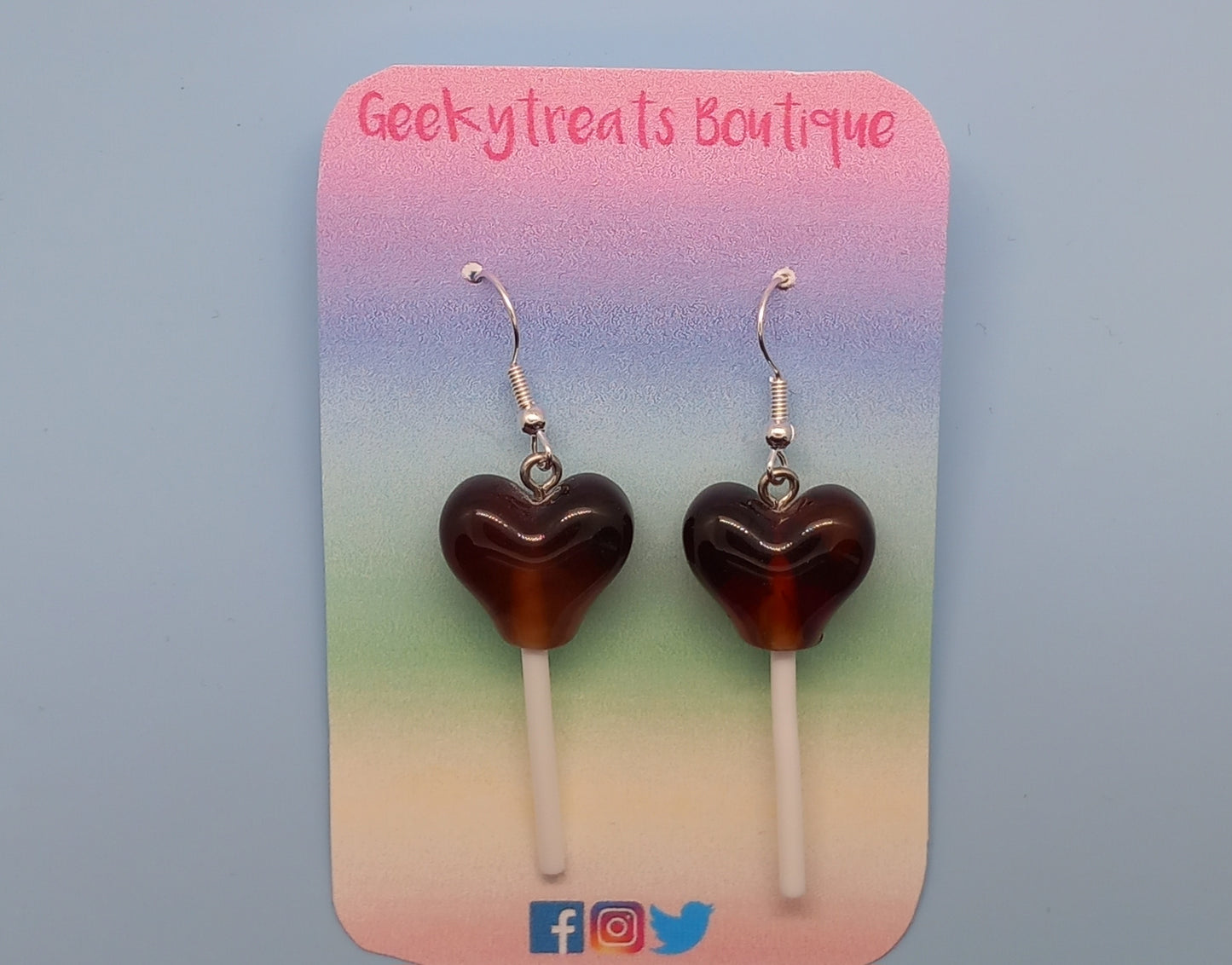 Brown acrylic love heart lollipop earrings