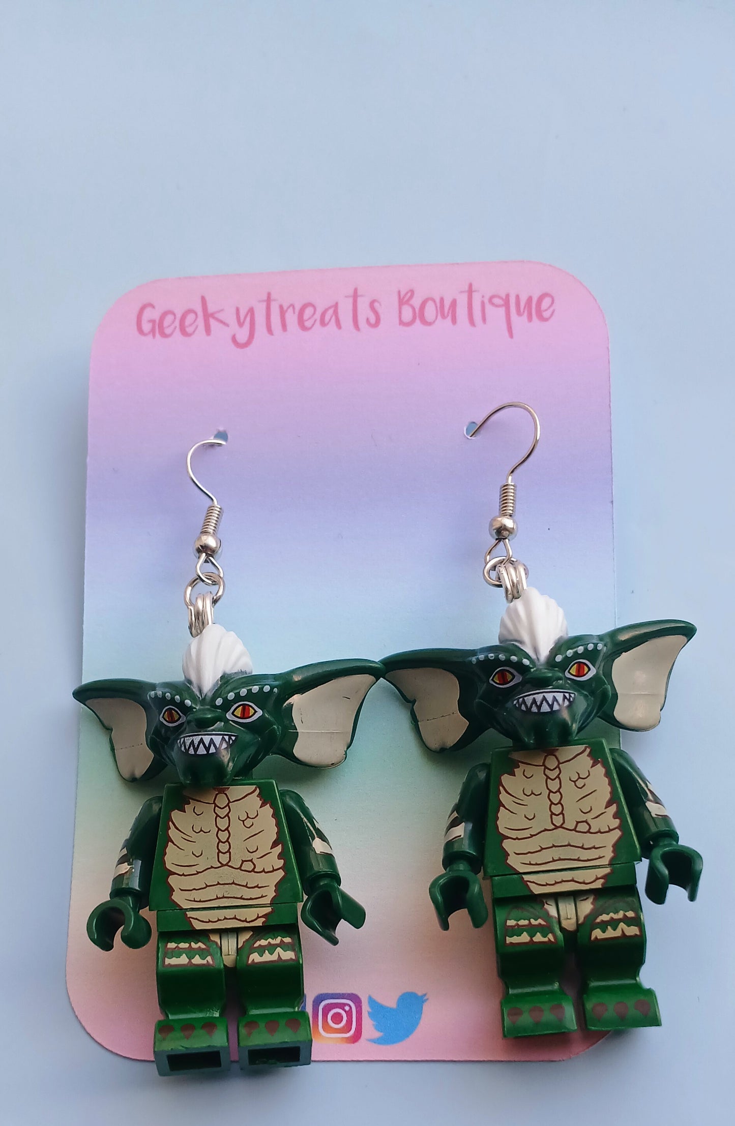Stripe gremlin minifigure earrings