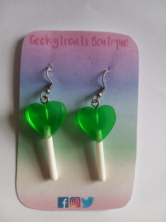 Green acrylic love heart lollipop earrings