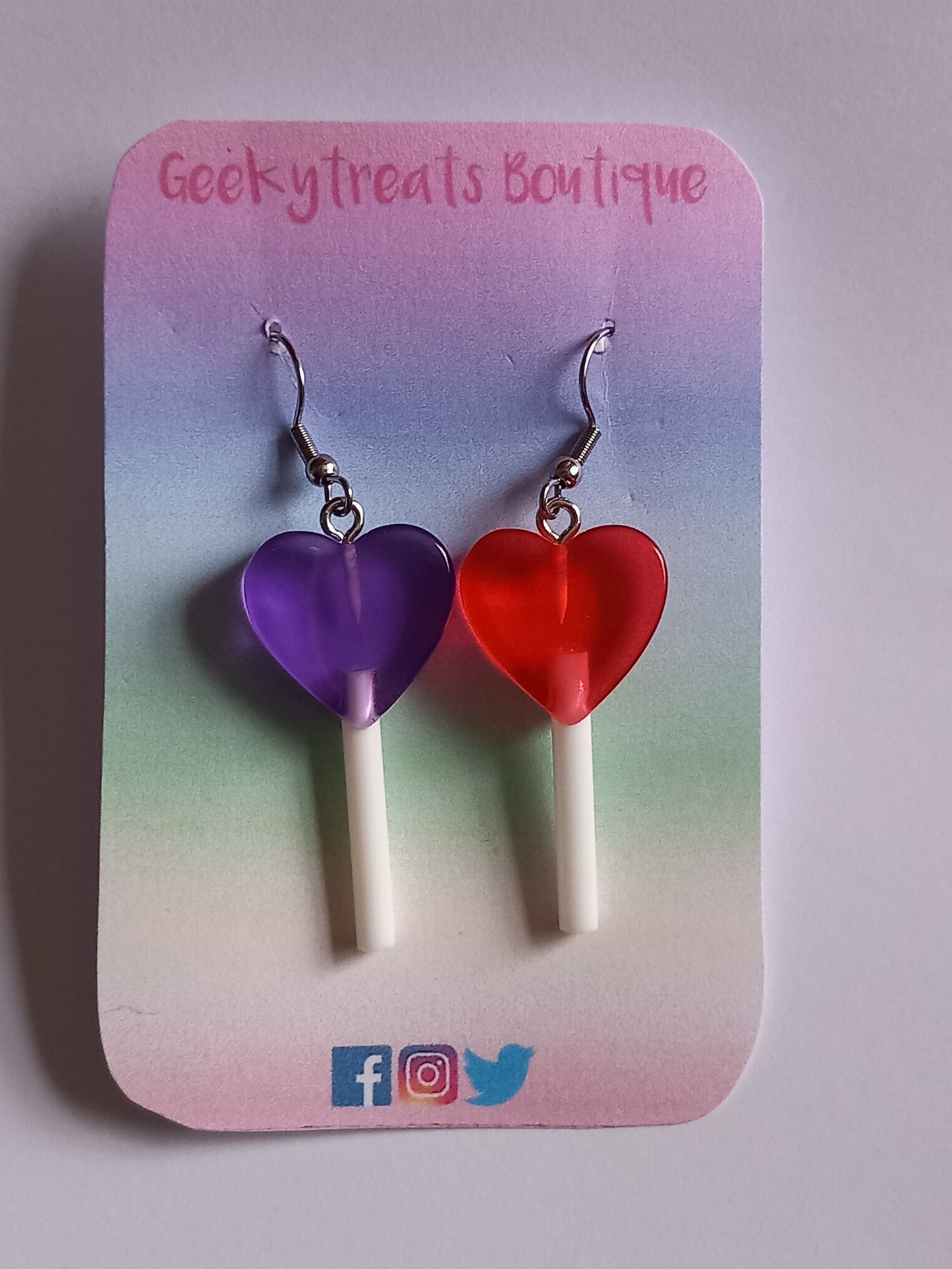 Purple & red love heart earrings