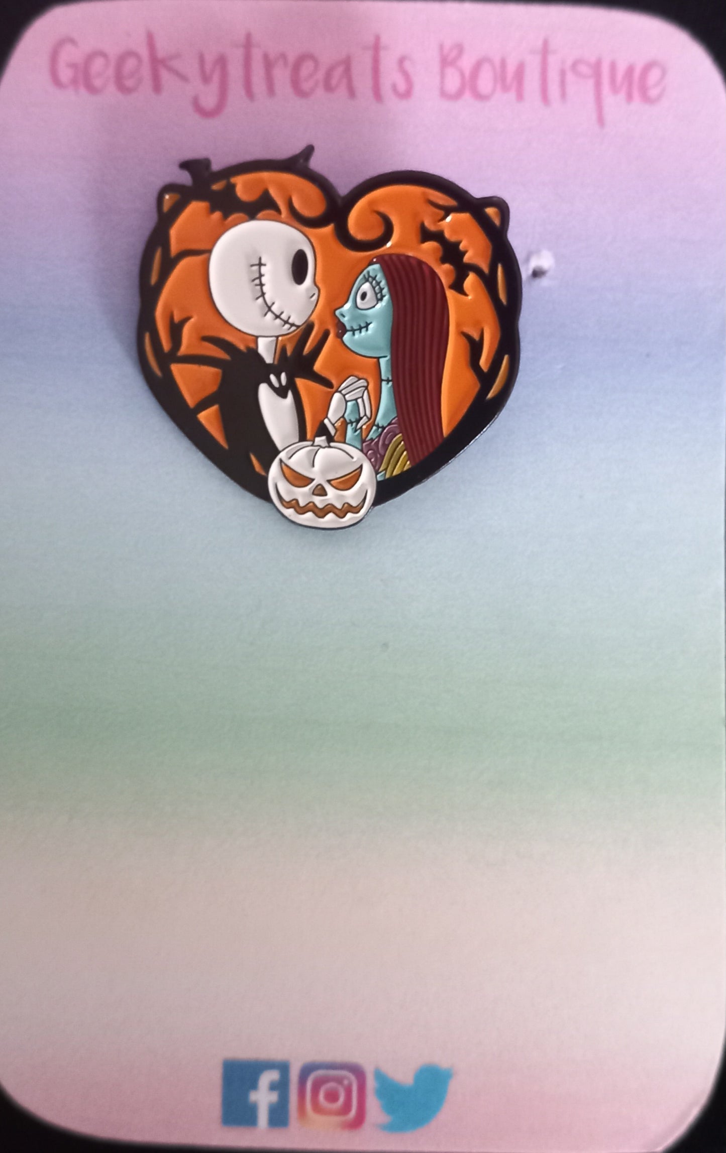 Jack and Sally love heart pin badge